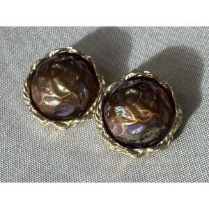 Vintage‎ Gold Tone Iridescent Brown Glass Clip On Earrings Mid Century Retro